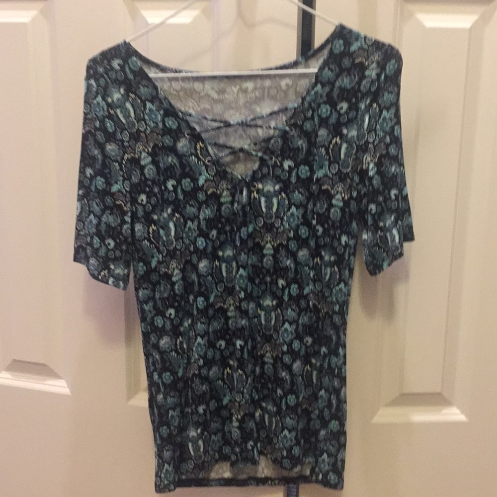 Printed, knit top with lace up detail